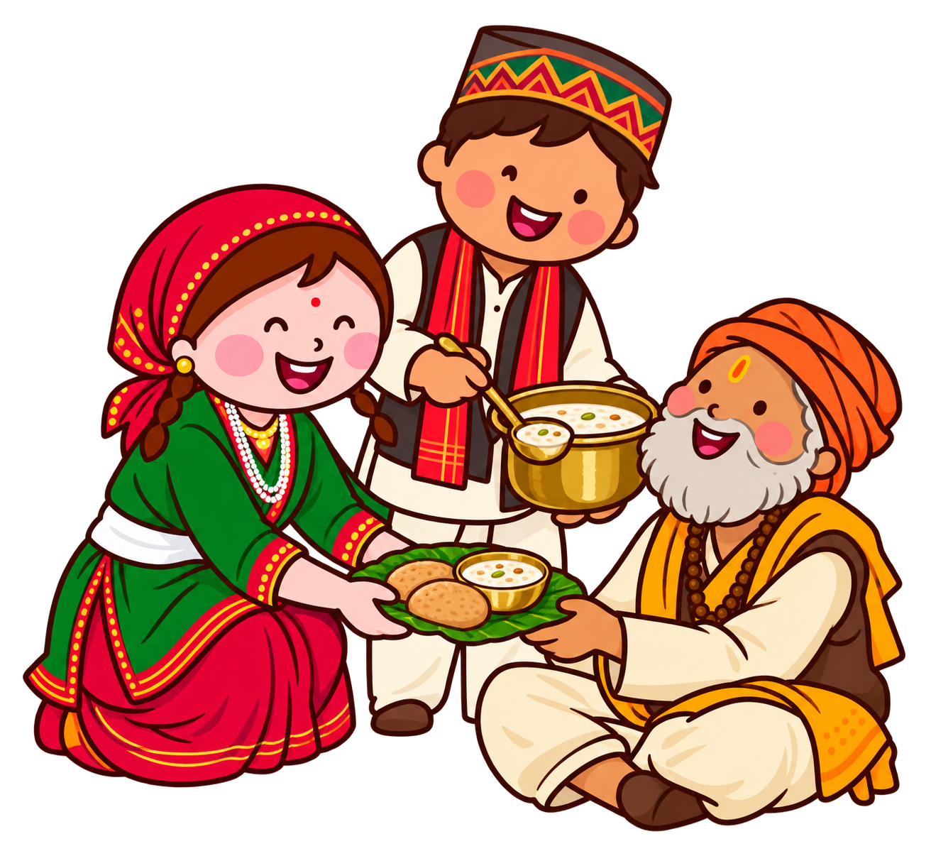A young couple in traditional Garhwali dress offering food on a leaf plate and kheer to a sadhu — illustration of Naivedya Seva